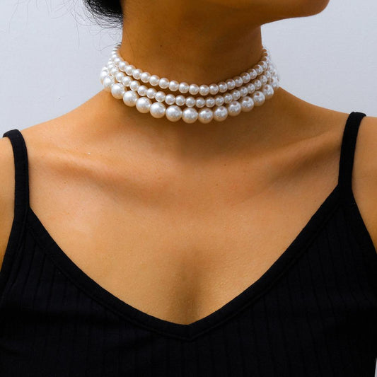 Multi-Layered Pearl Beads Choker Style Necklace