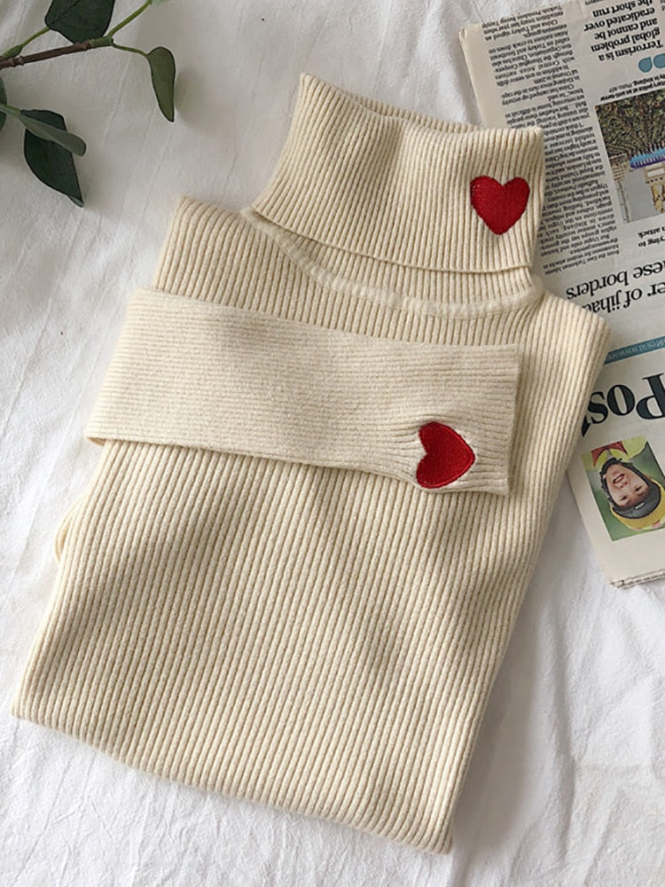 Heart Embroidery Turtleneck Sweater Spring