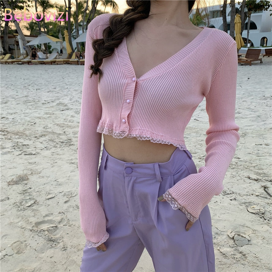 Long Flare Sleeve Crop Top Sweater Women