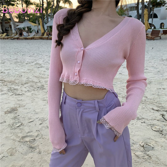 Long Flare Sleeve Crop Top Sweater Women