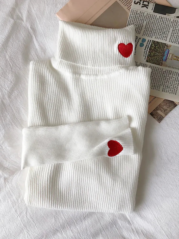 Heart Embroidery Turtleneck Sweater Spring