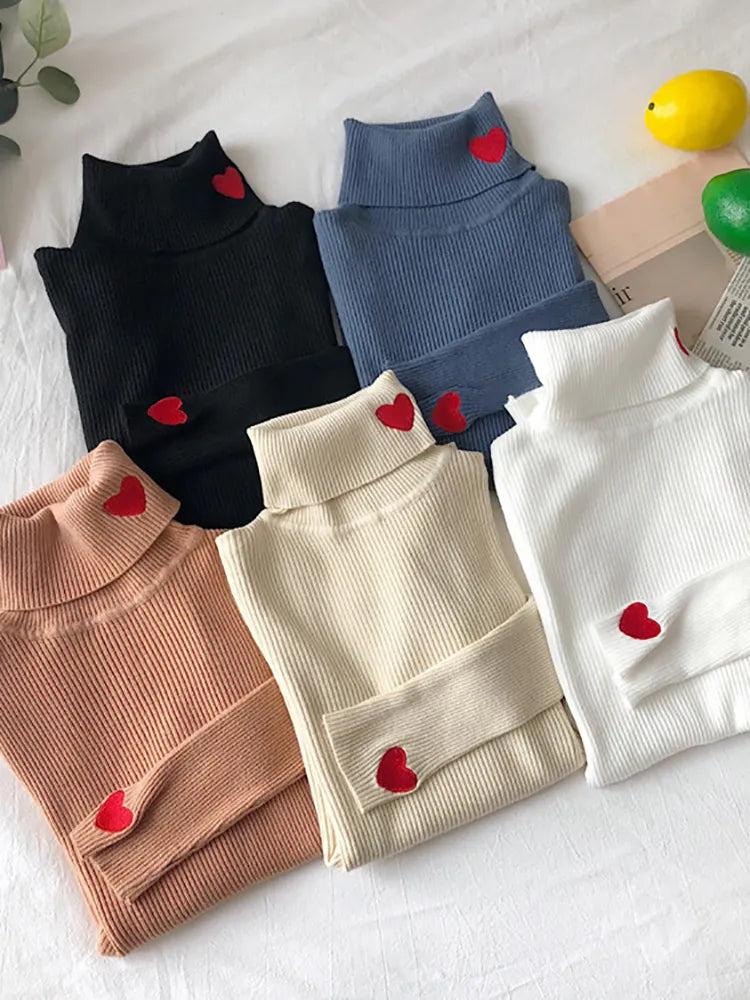 Heart Embroidery Turtleneck Sweater Spring