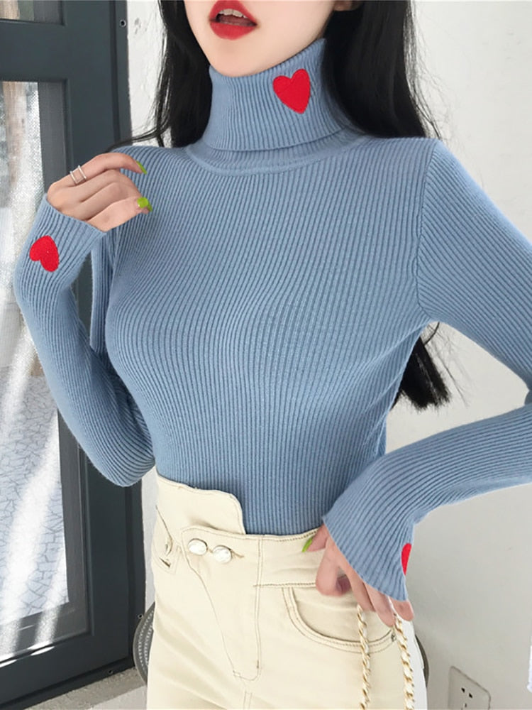 Heart Embroidery Turtleneck Sweater Spring