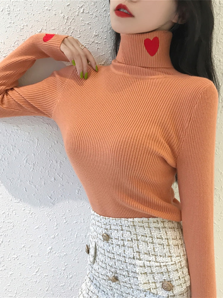 Heart Embroidery Turtleneck Sweater Spring